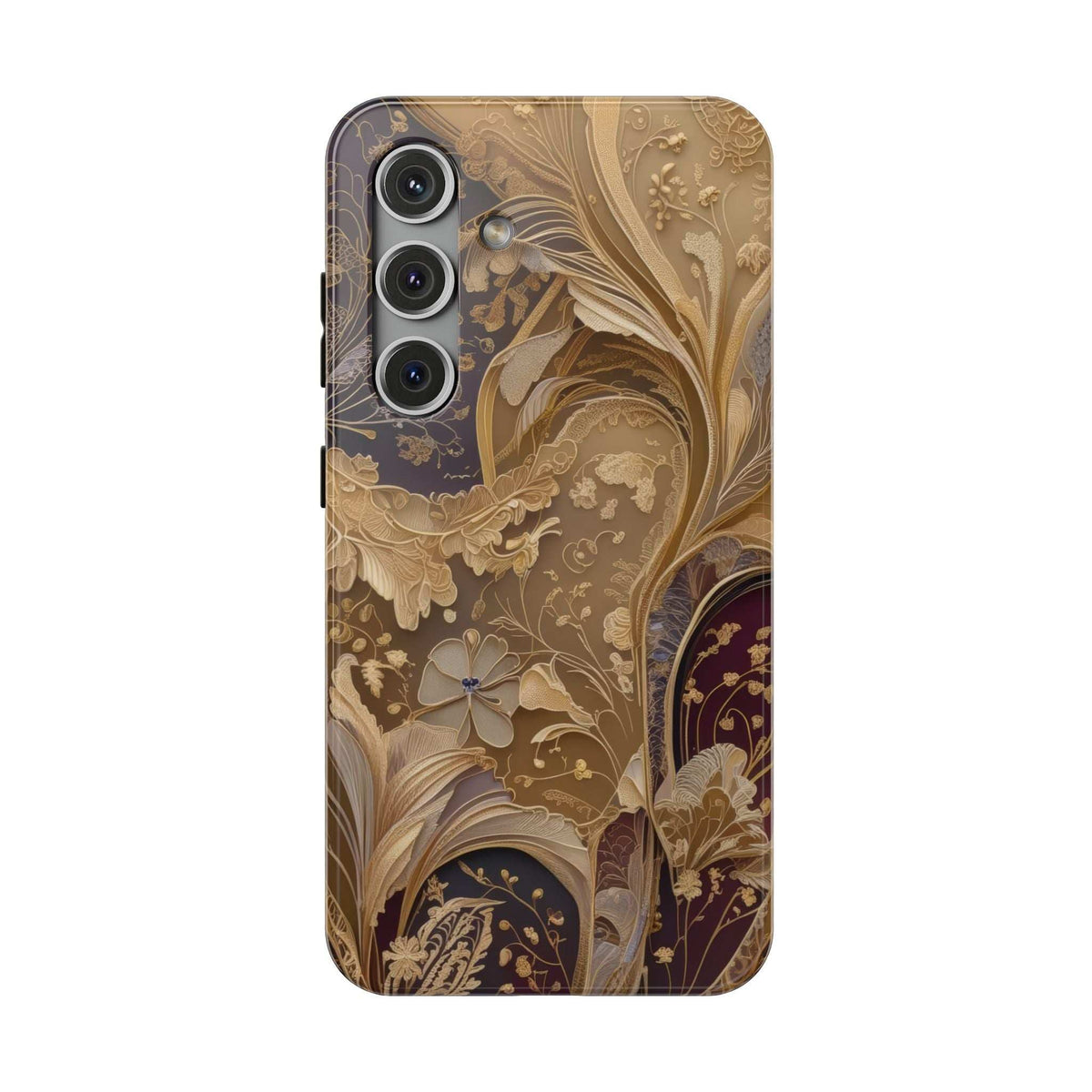Gold-toned botanical phone case with ornate floral design and three-lens camera openings