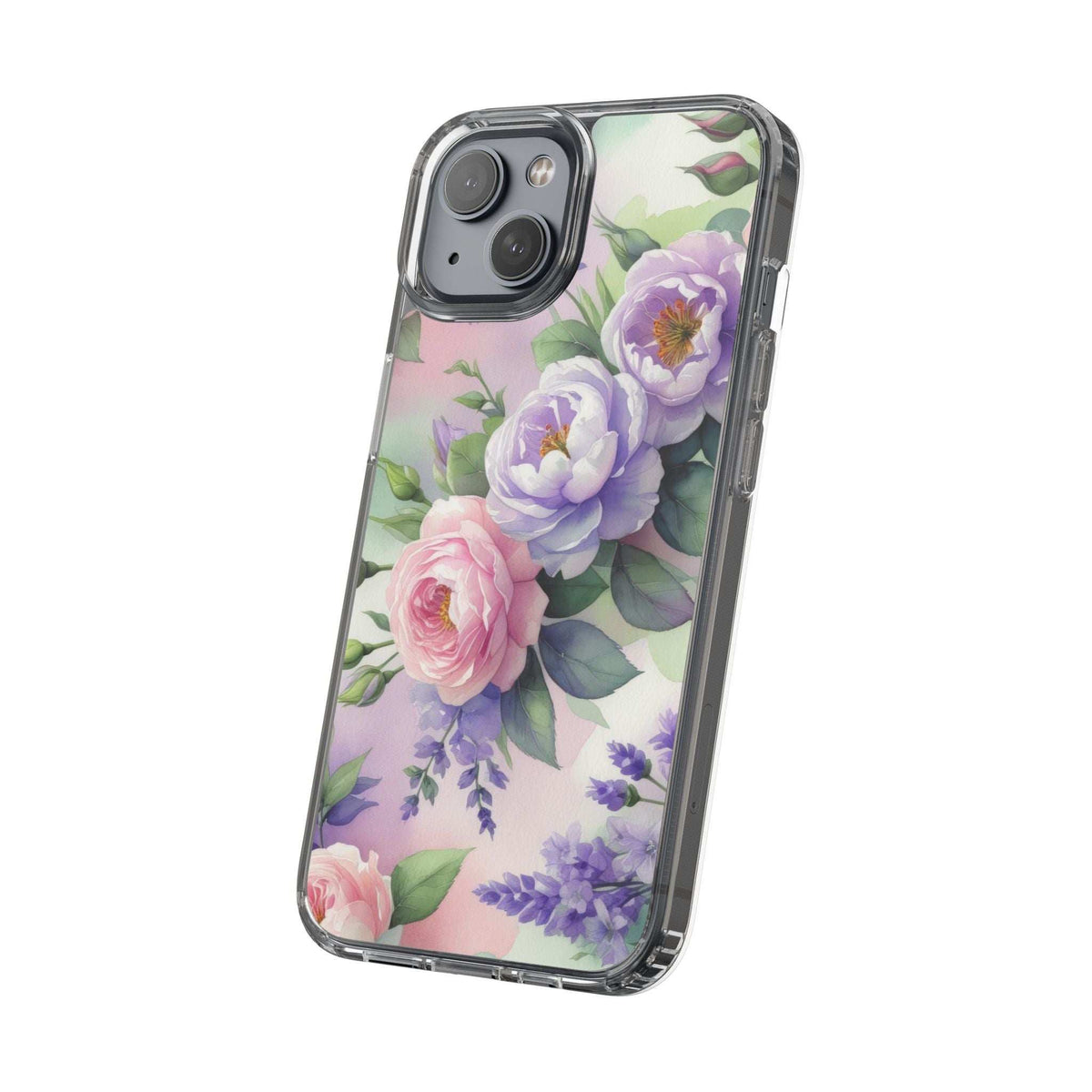Clear phone case with large purple peony-style flowers and leafy accents; camera cutout