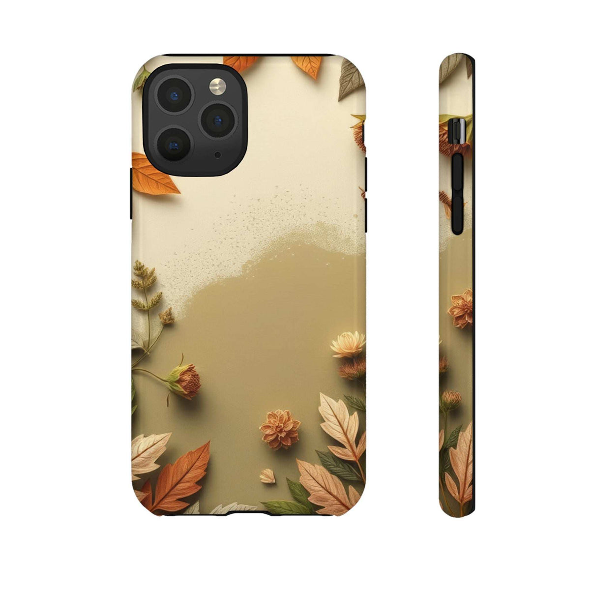 Autumn leaves phone case front with camera cutout and matching side edge profile.