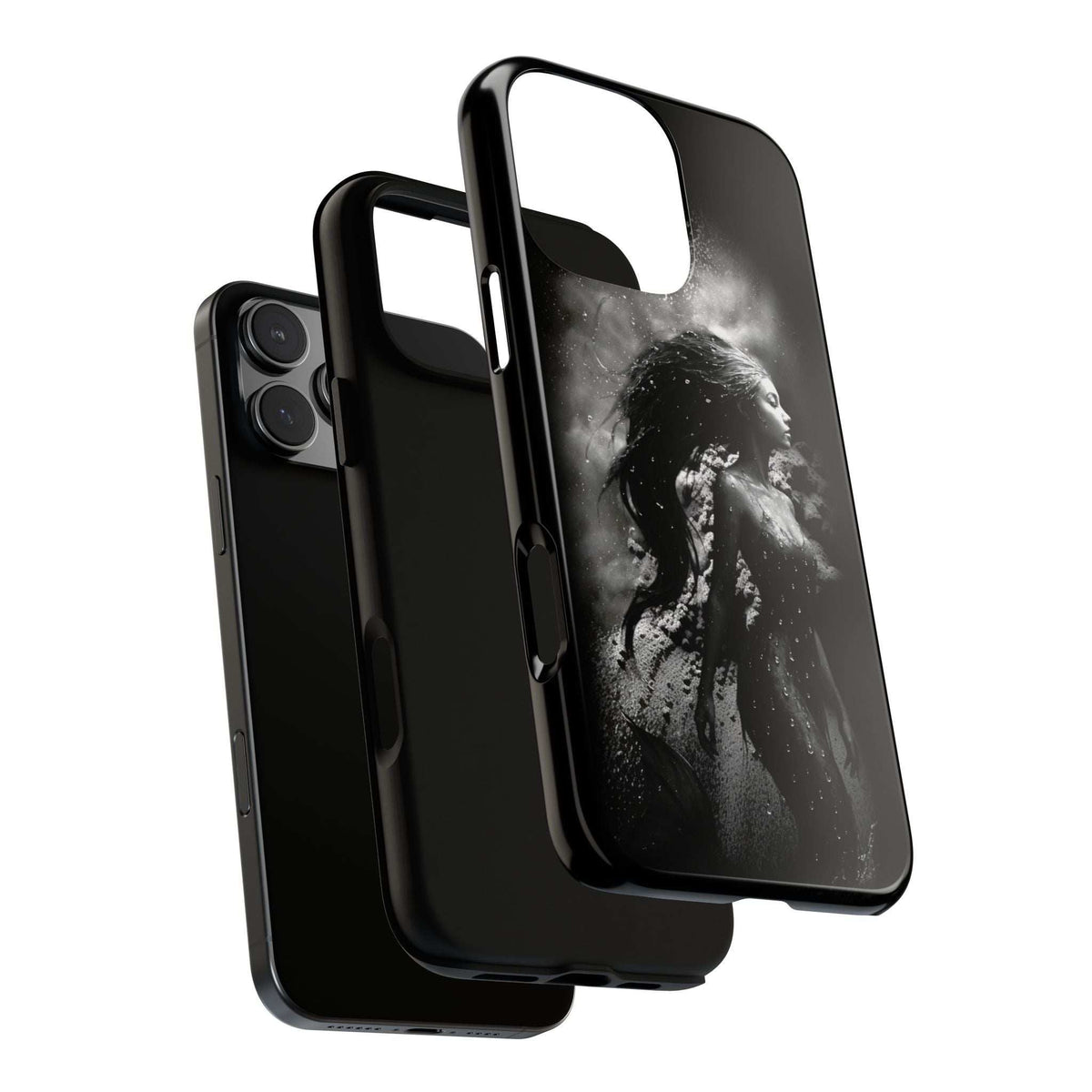 Black phone case with mermaid artwork, raised camera area and side button ports
