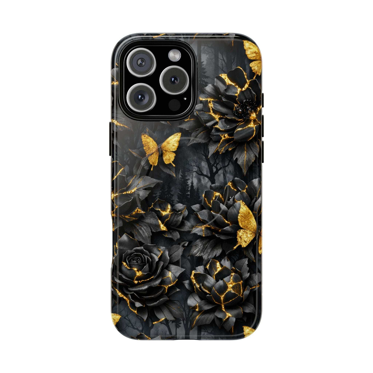 Phone case with dark floral artwork, gold kintsugi lines, butterfly and rose motifs