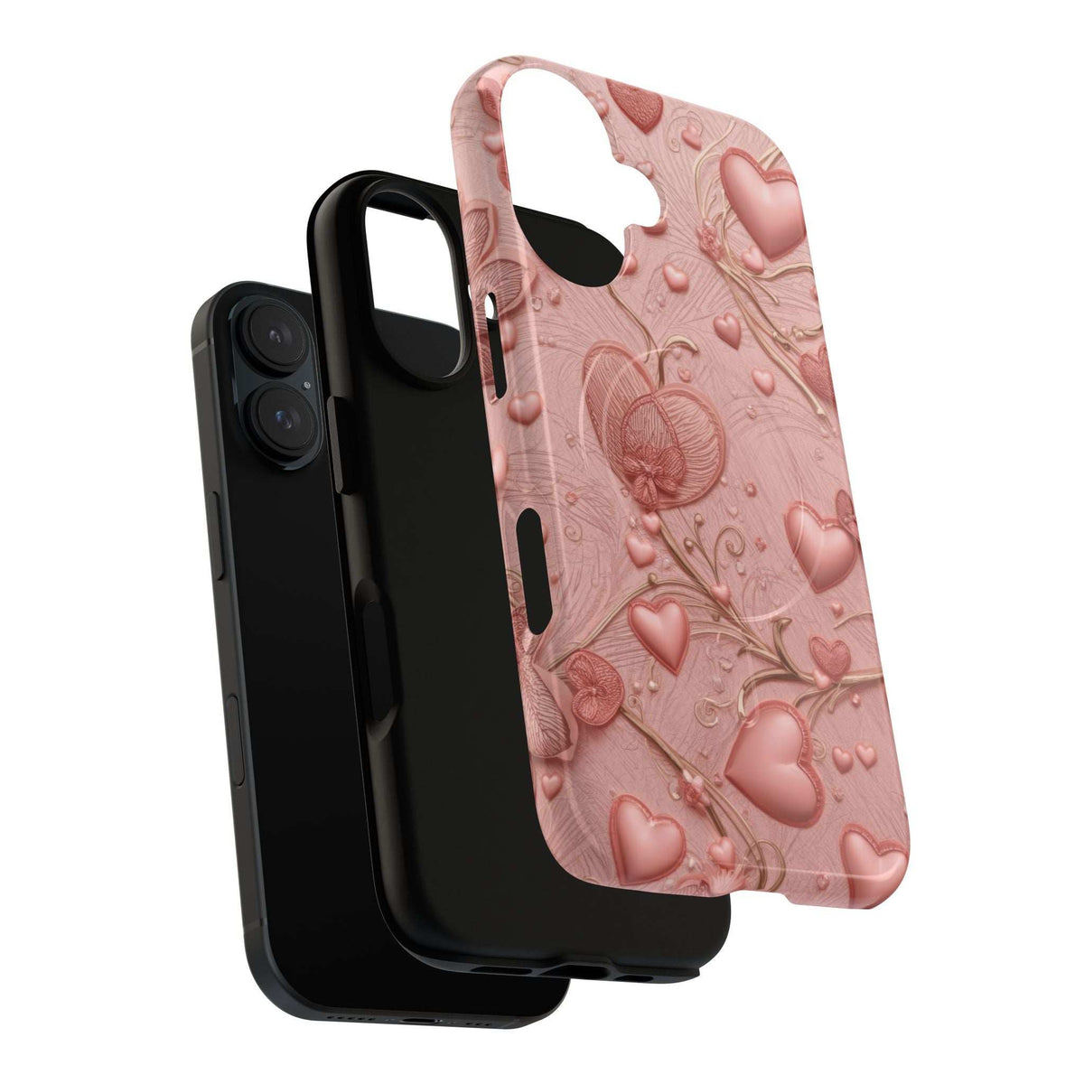 Pink phone case with 3D heart and floral texture, with top camera and side buttons cutouts