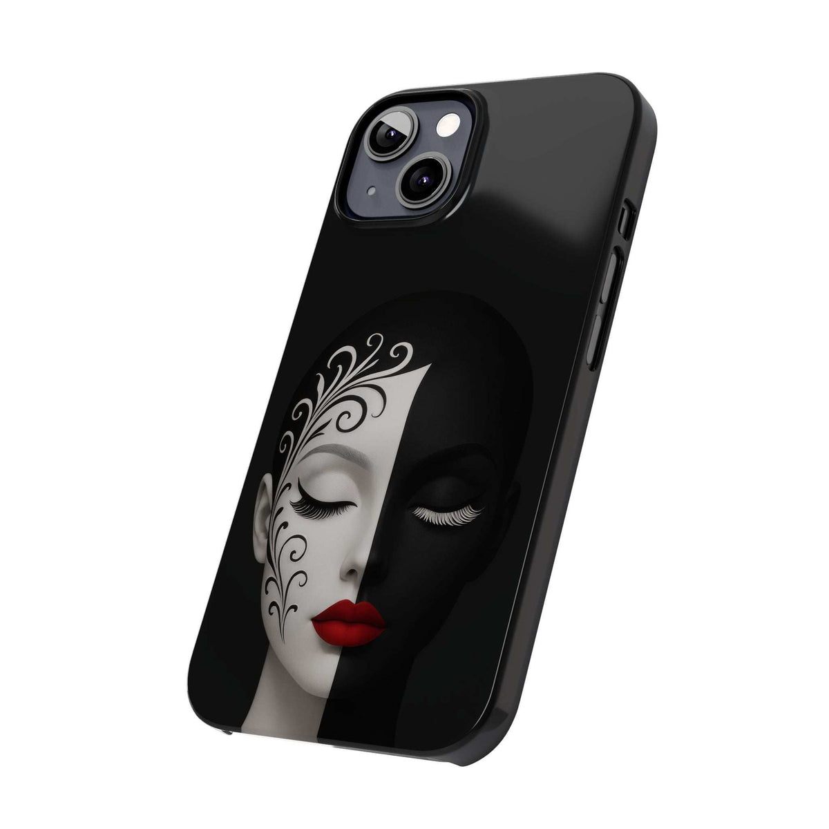 Black iPhone phone case with split-face art, red lips, and camera cutouts.