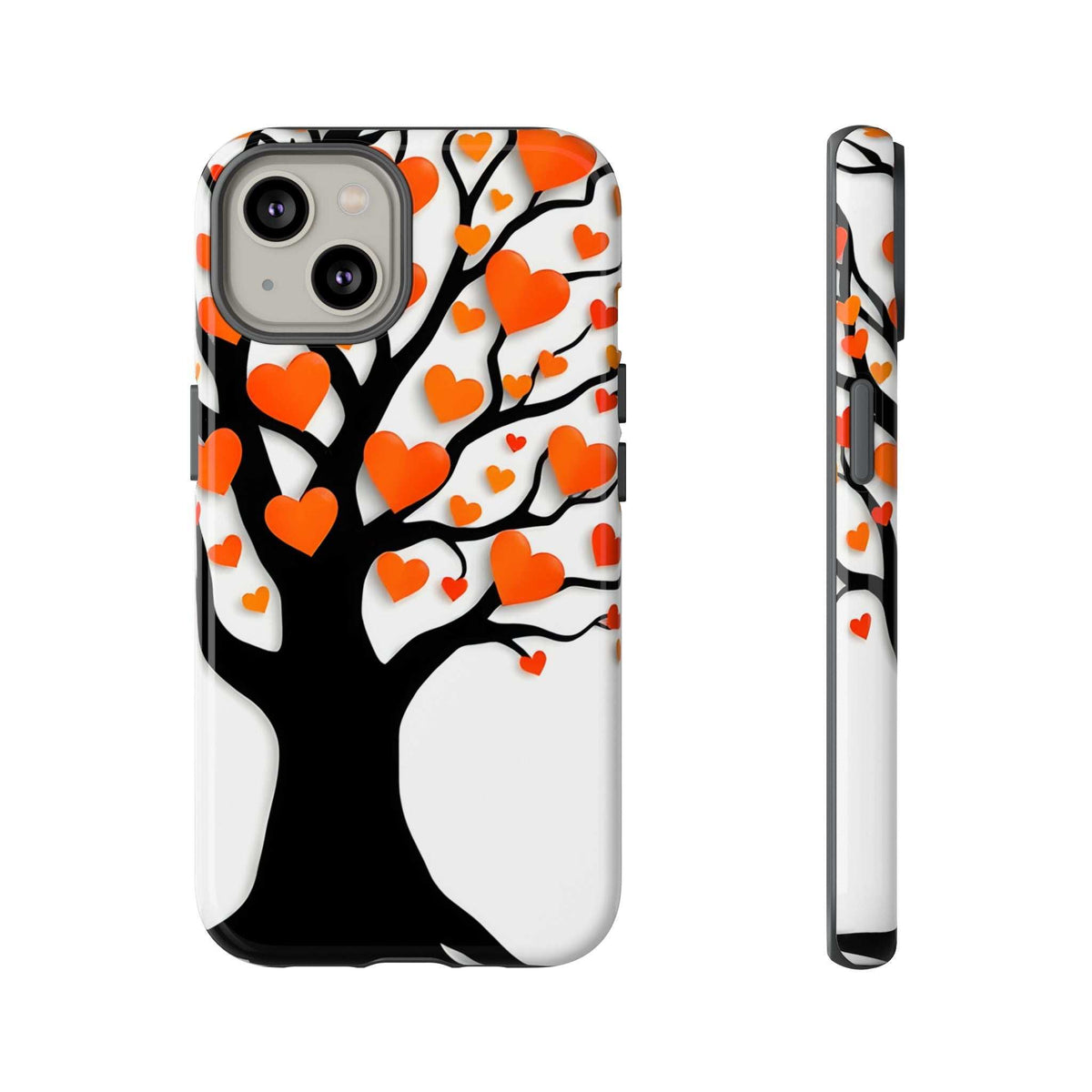 Phone case front and side view with heart tree design and orange heart decorations