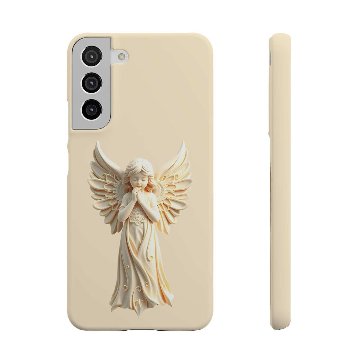 Cream phone case with angel wings figure and side profile view