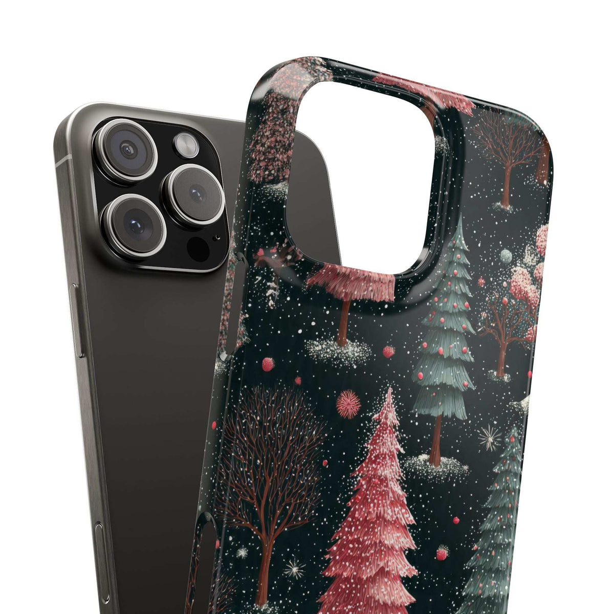 Winter forest phone case showing side profile with raised edges and tree-pattern back.