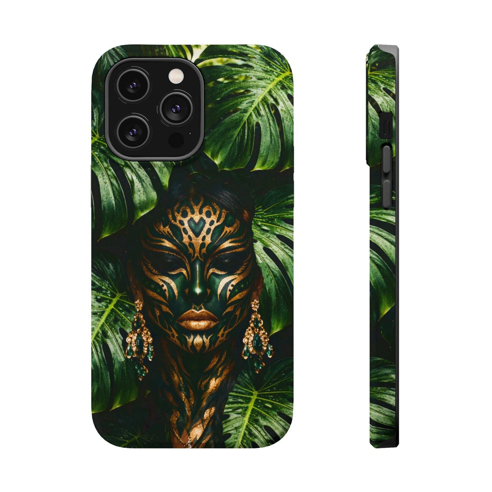 Jungle face mask phone case with gold ornament and green tropical leaf print