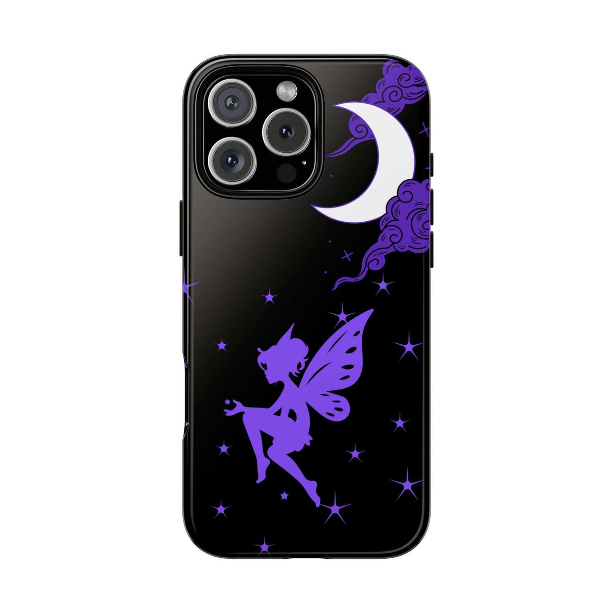 Black phone case with purple fairy silhouette, crescent moon, and decorative cloud swirls