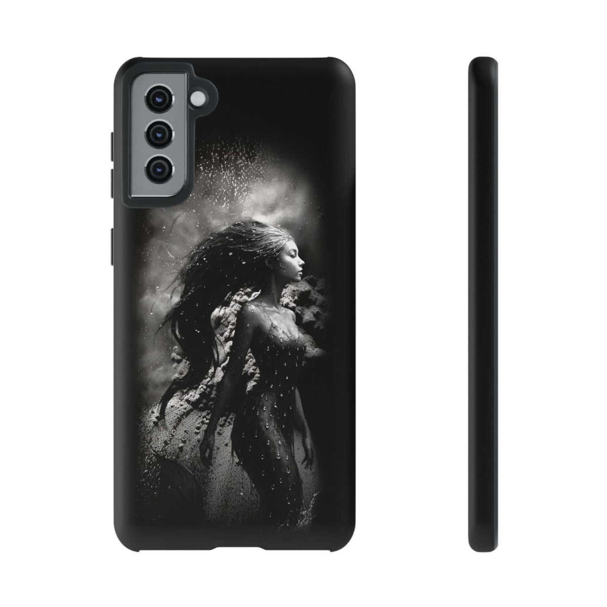 Black phone case with monochrome mermaid graphic and three-lens camera module, side edge
