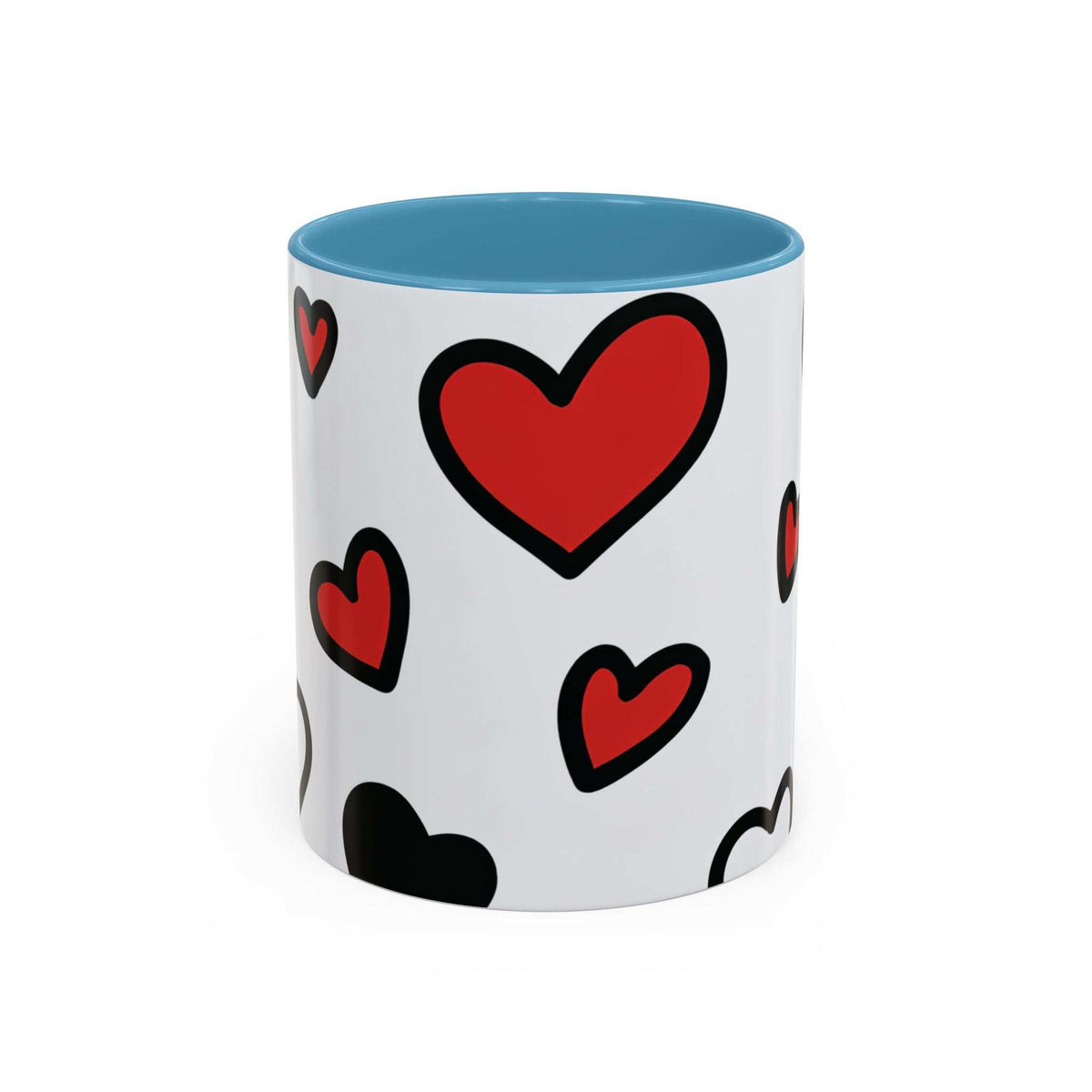 Love-themed accent coffee mug, white body with red hearts and light blue interior