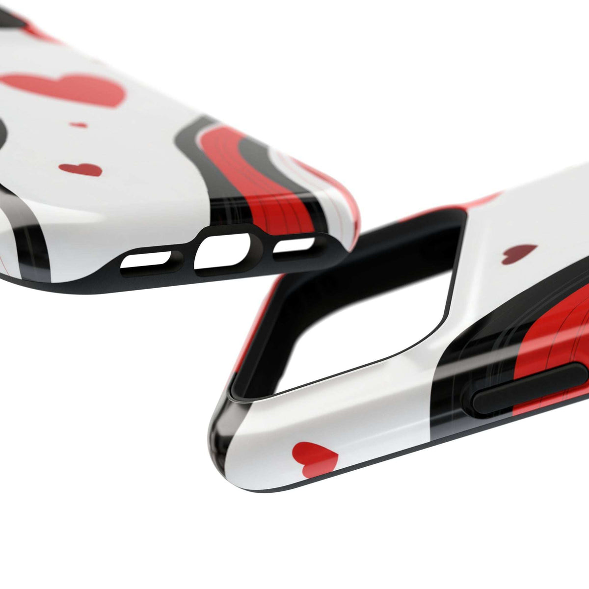 Glossy white phone case with red hearts and waves, clear side cutouts for ports