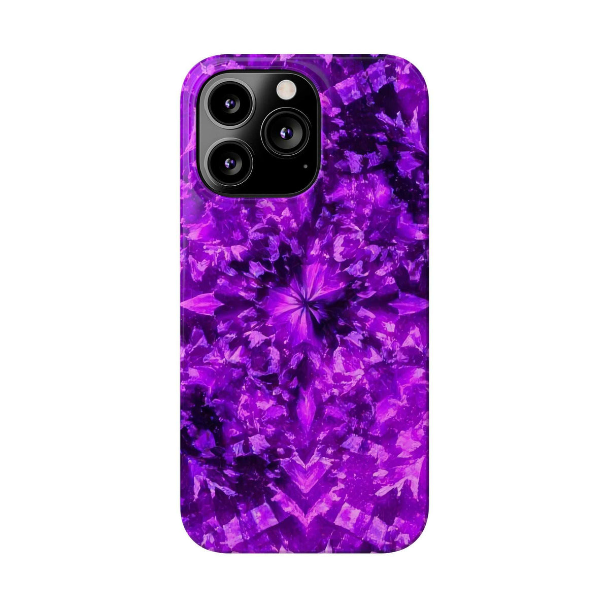 Purple kaleidoscope phone case with flowerburst pattern, centered front view