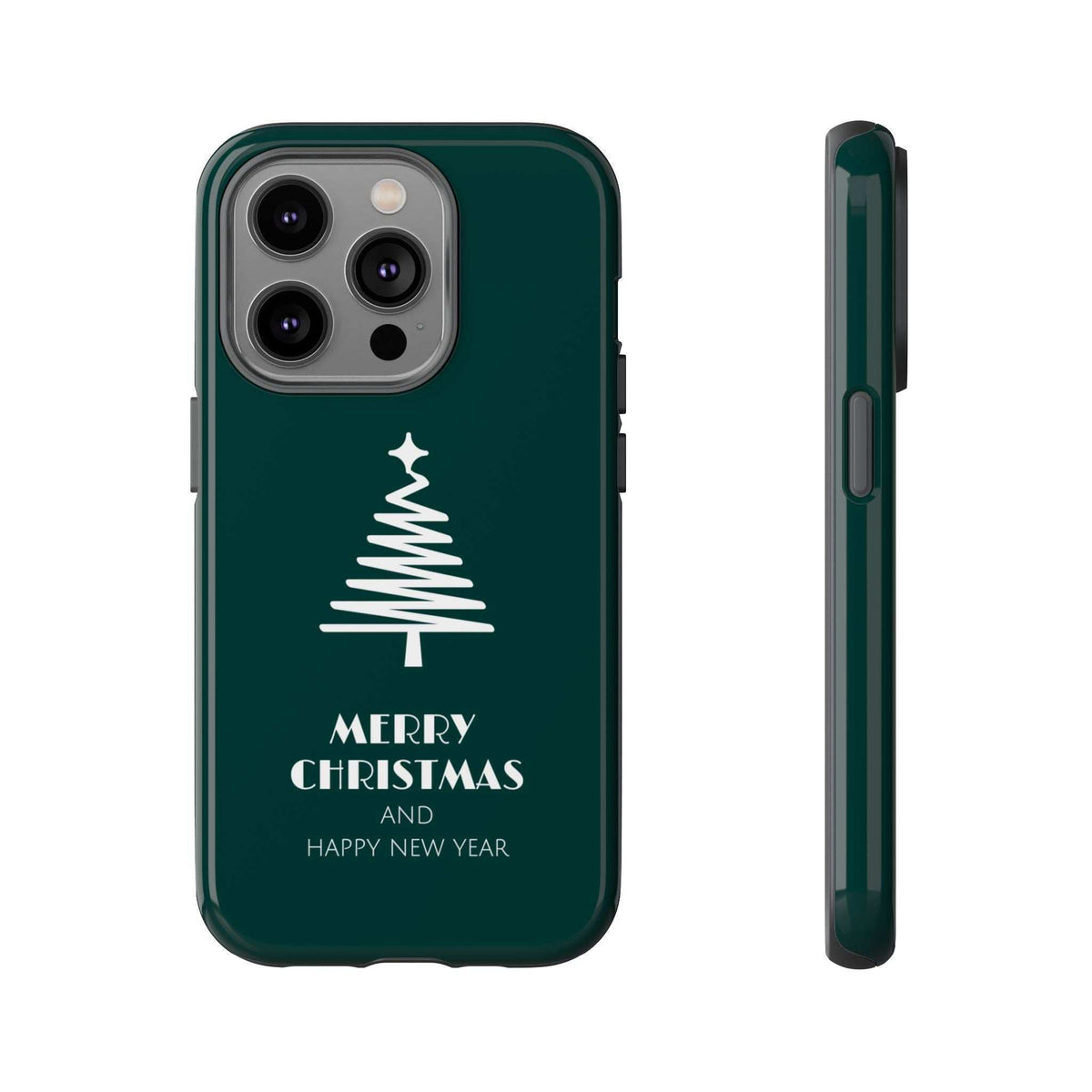 Dark green glossy phone case with white Christmas tree and “Merry Christmas” text