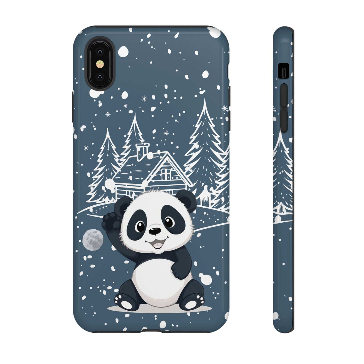 Dark blue iPhone phone case with panda in snowy forest and cottage, front view.