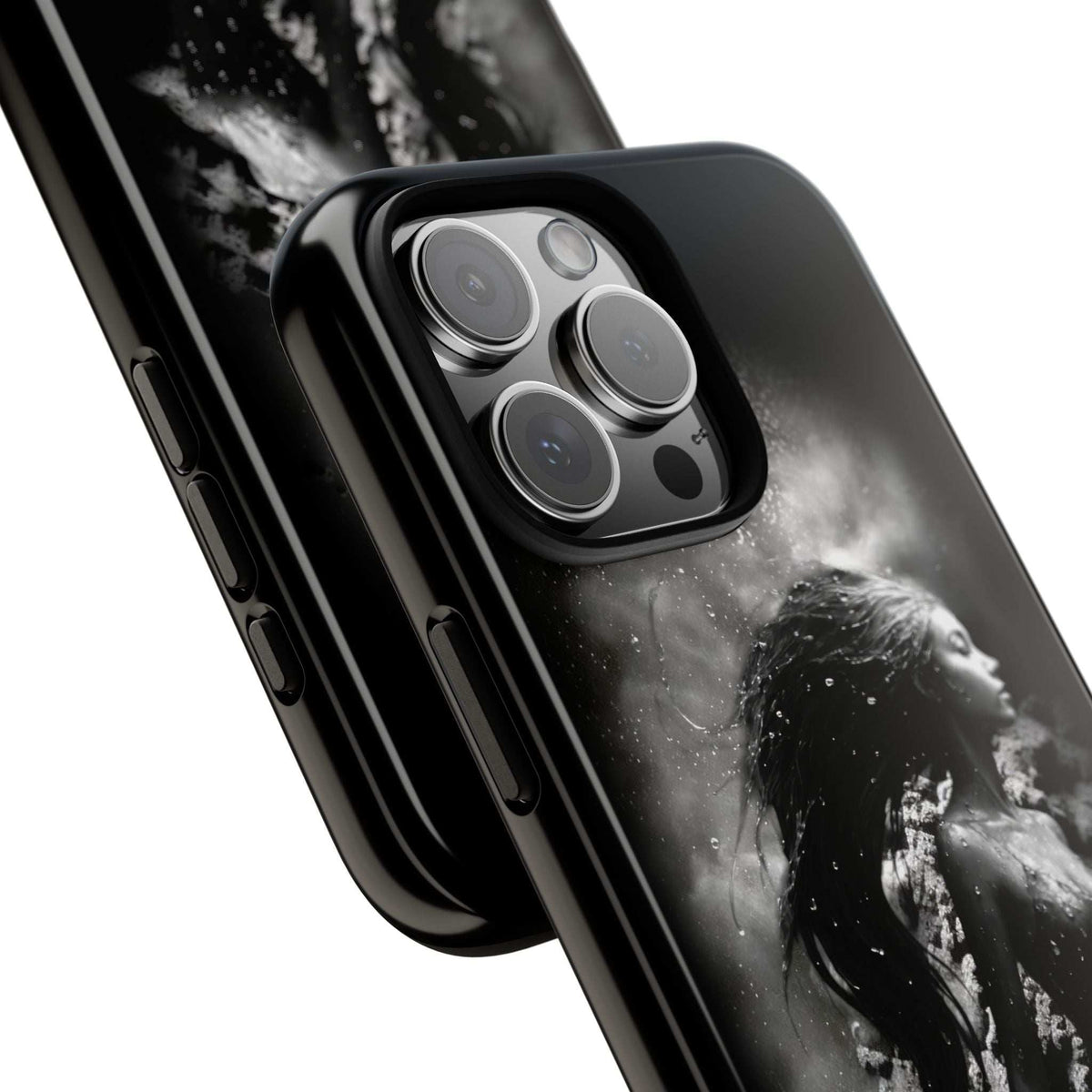 Black phone case angled view with mermaid print and raised camera lens protection