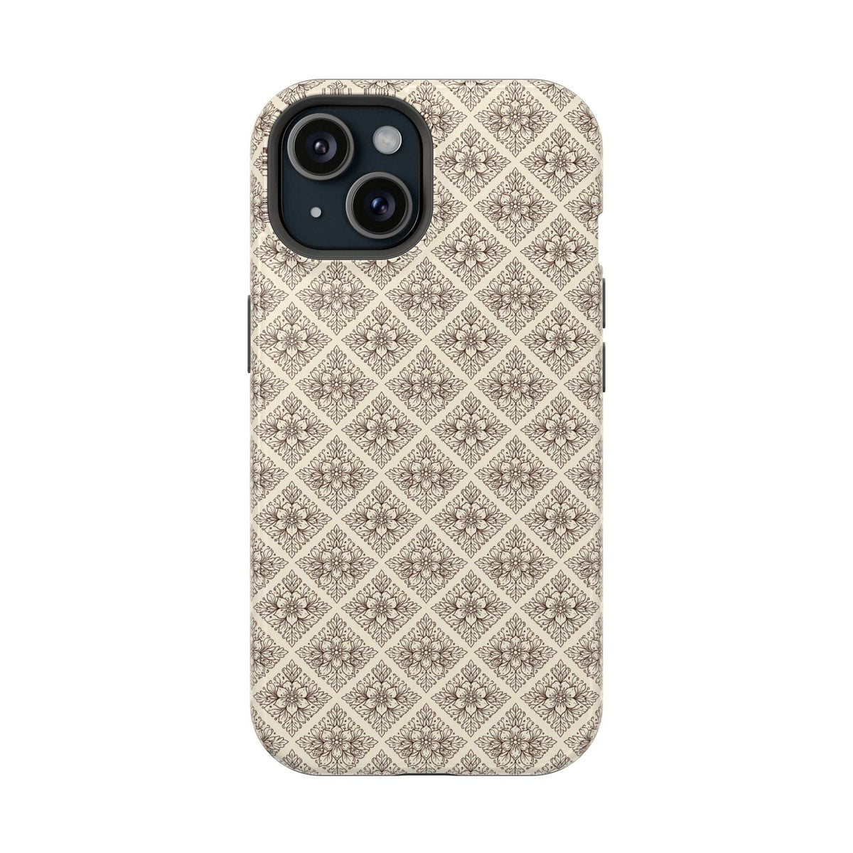 Beige ornate phone case with diamond floral pattern; simple back view.