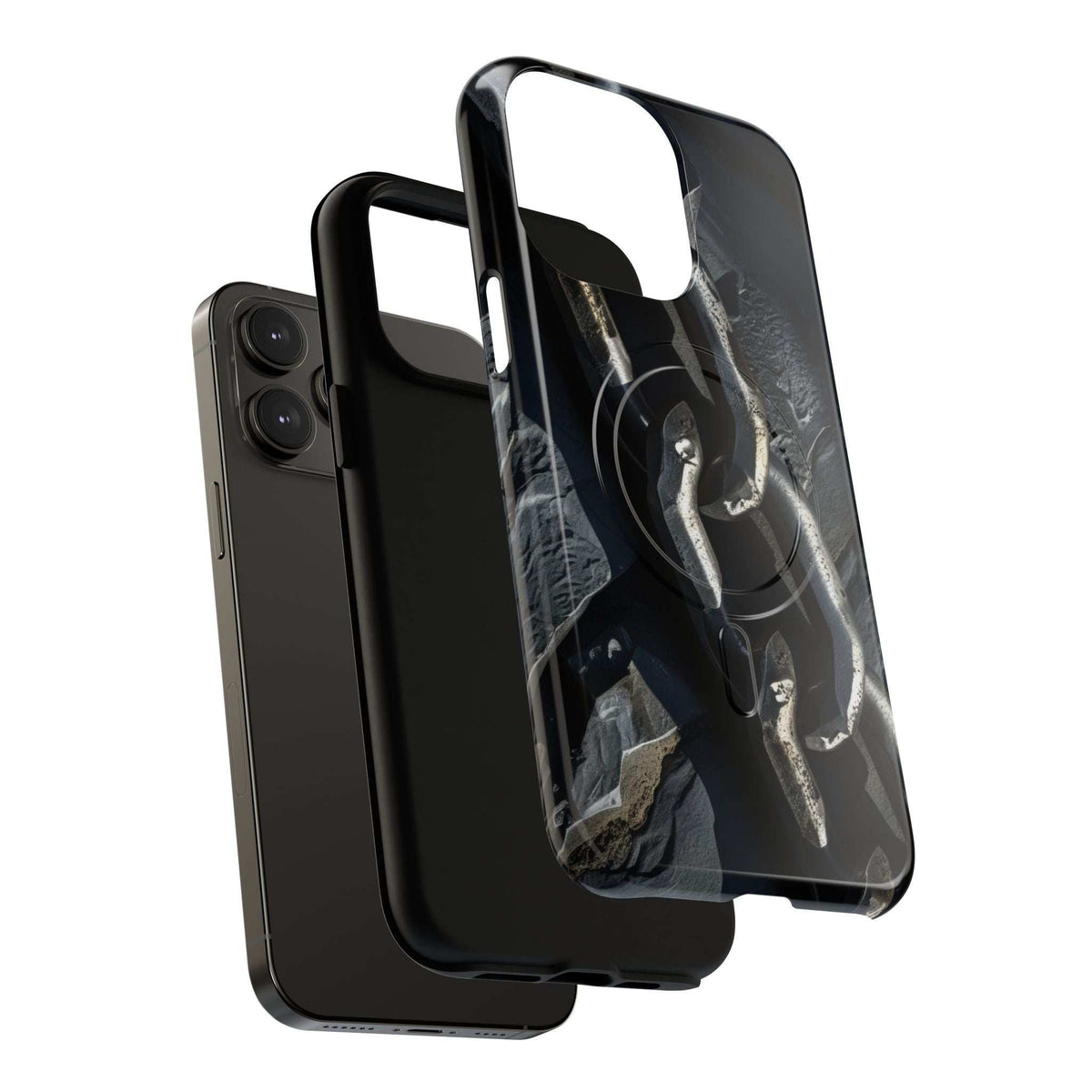 Protective phone case with dark frame and transparent cover; camera cutouts and chain design visible.