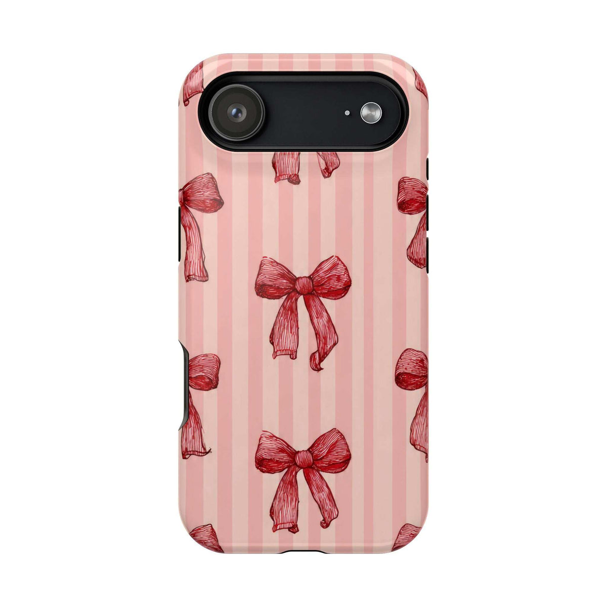 Pink phone case with red bows on vertical stripes, back view with single camera module.