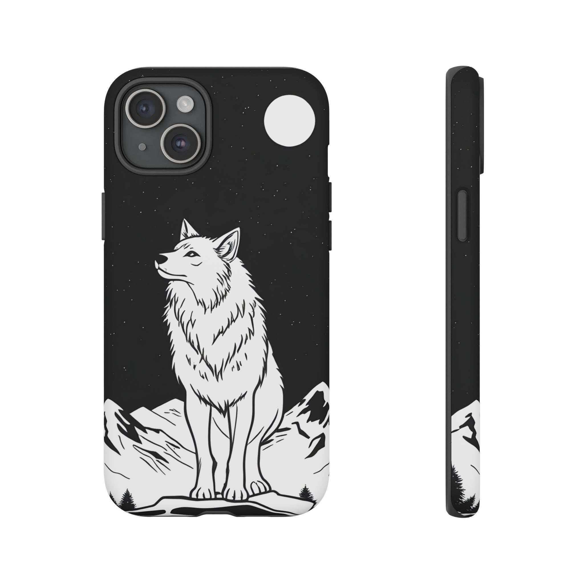 Black phone case with white wolf illustration, starry background, camera cutouts, port openings