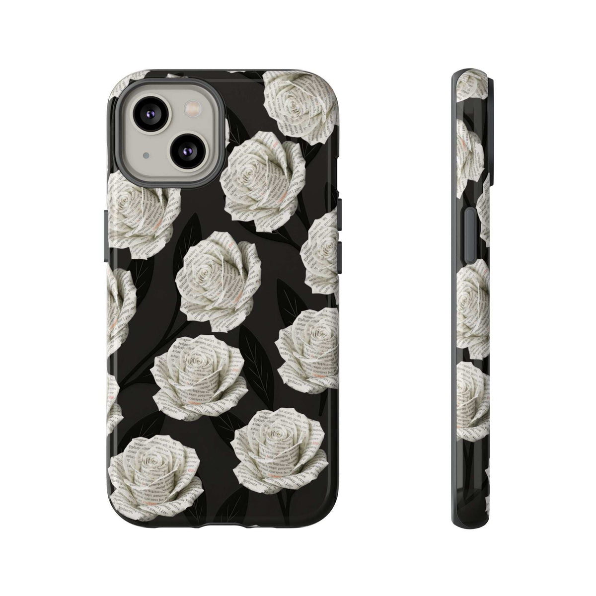 Black floral phone case with white roses; raised camera area on back
