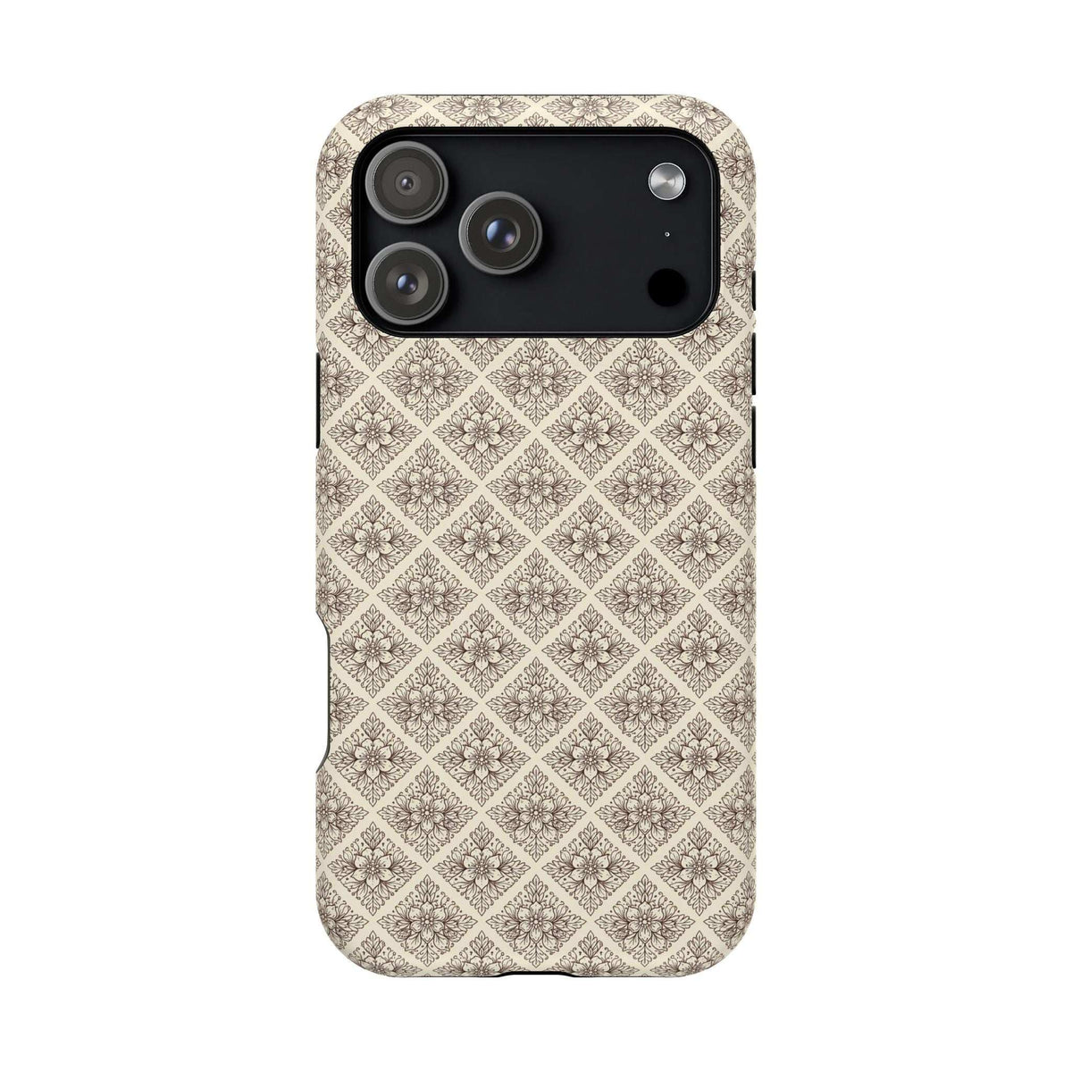 Beige ornate diamond phone case with top camera cutout and patterned back