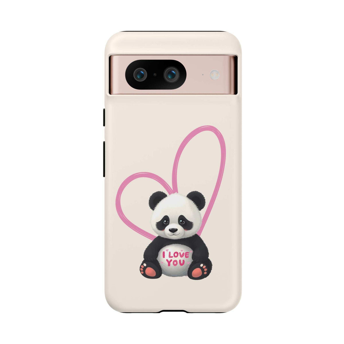 Cream phone case with cute panda and pink heart artwork on the back