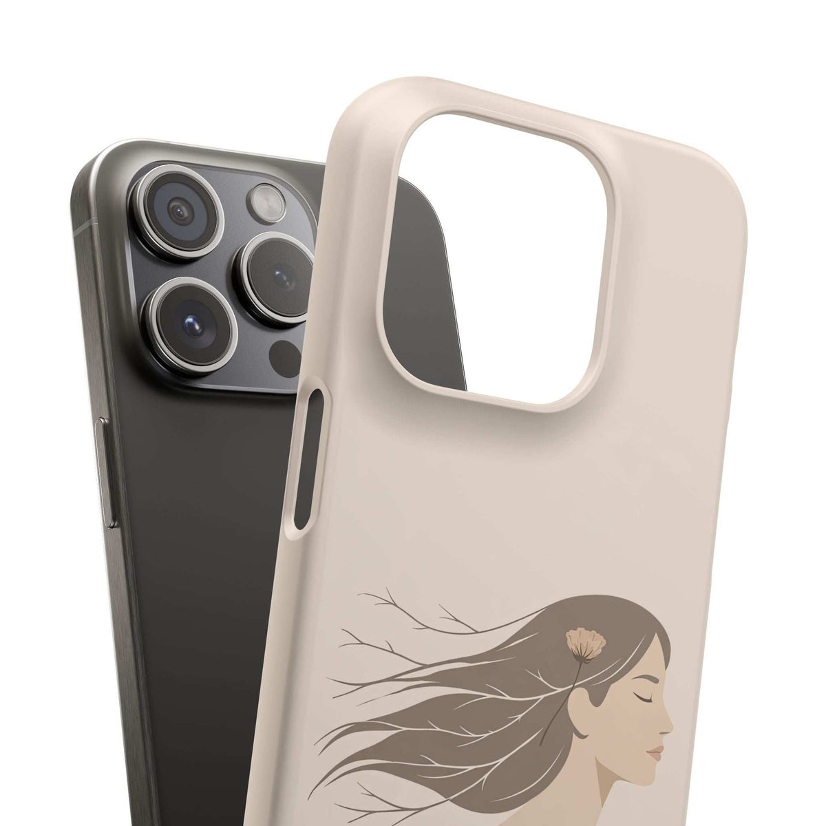 Beige phone case with line art woman and flower, protective camera frame and front cutout