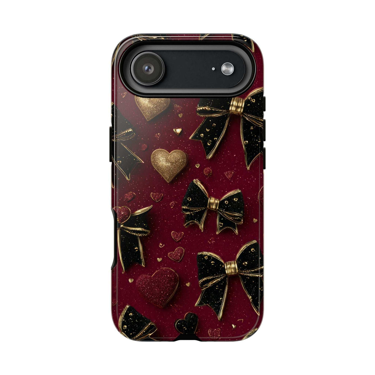 Valentine charm phone case back corner; burgundy hearts and gold bow print