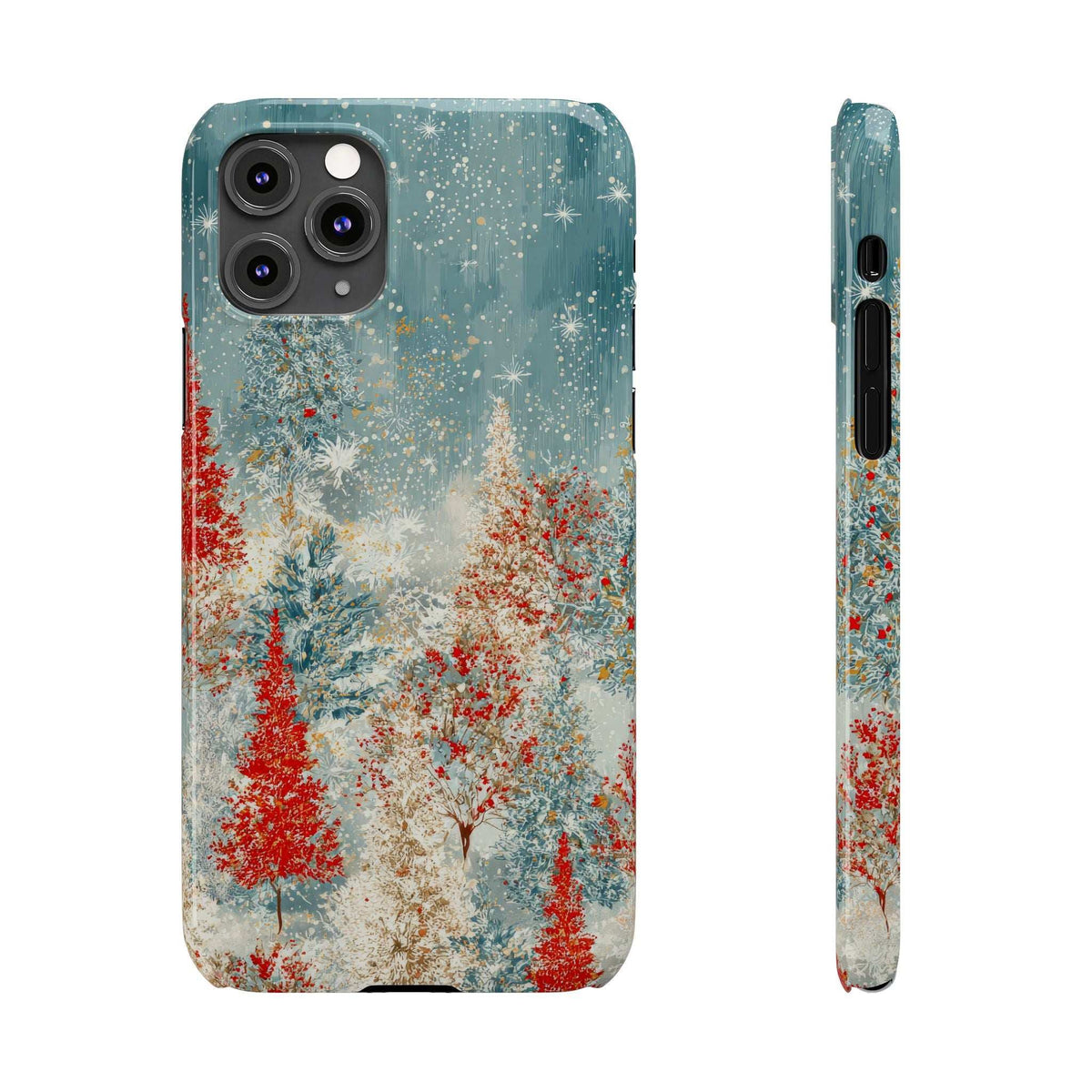 Phone case with snowy forest graphic and teal frame; side view shows speaker and ports