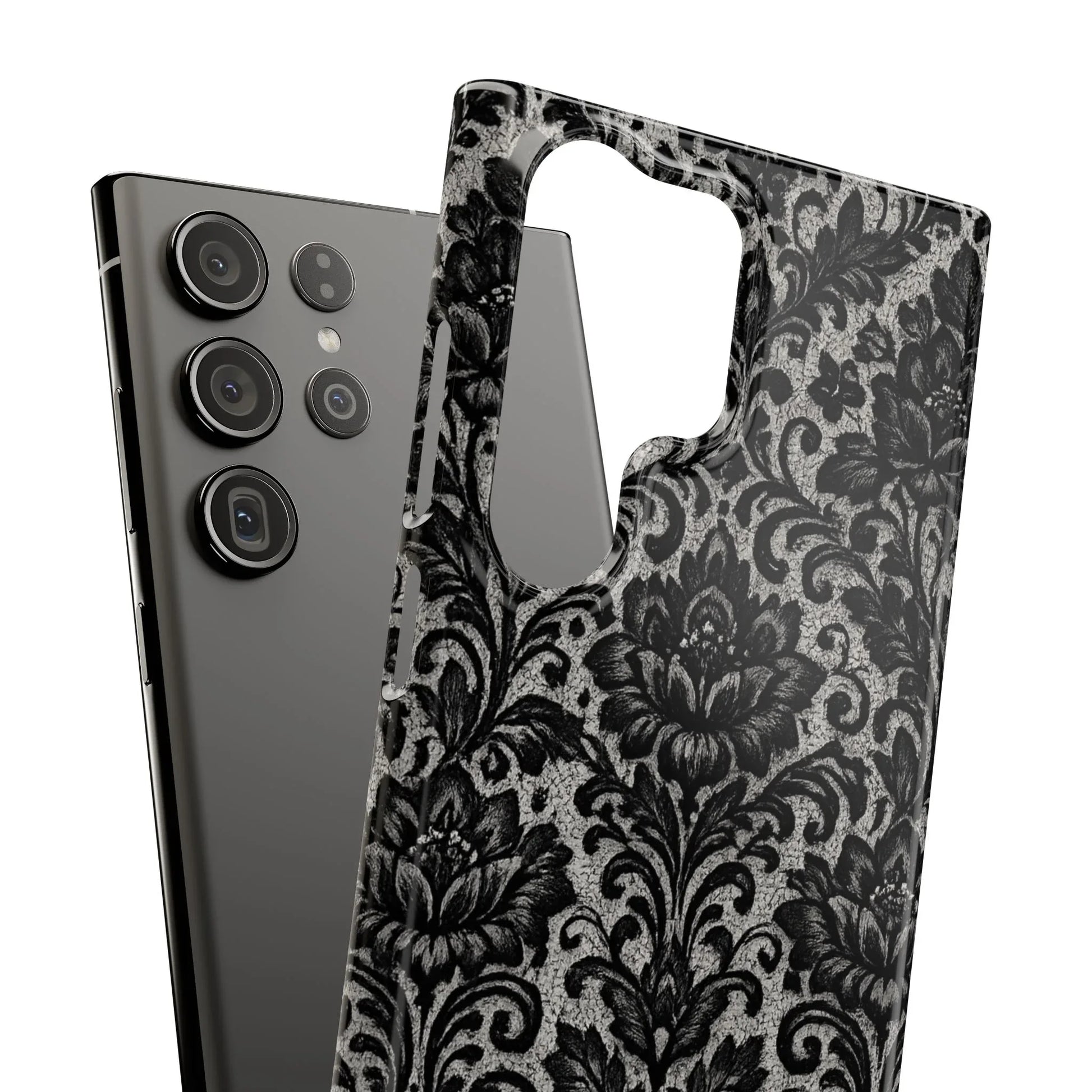 Black Damask Floral Phone Case for iPhone 11-17 and Galaxy S20-S25 - KARARMDESIGN