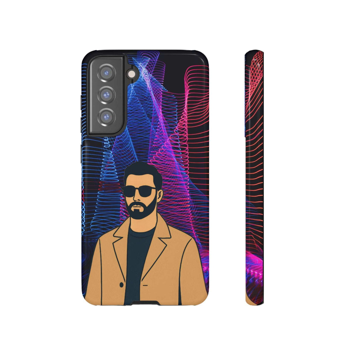 Glossy phone case with bearded man portrait, neon blue and magenta lines, visible side edge