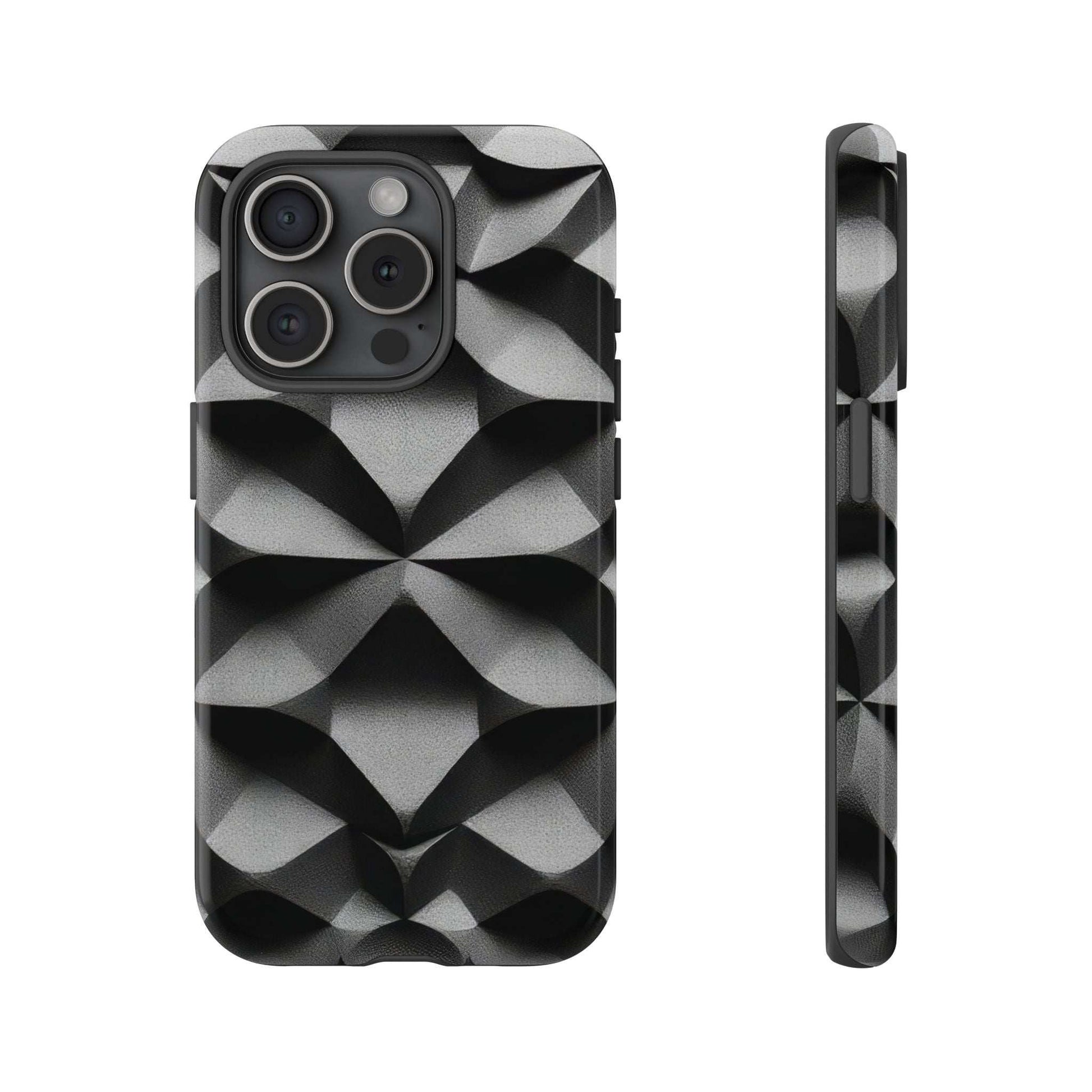 Tough phone case with black-and-gray geometric cube pattern, triple camera cutout and reinforced side