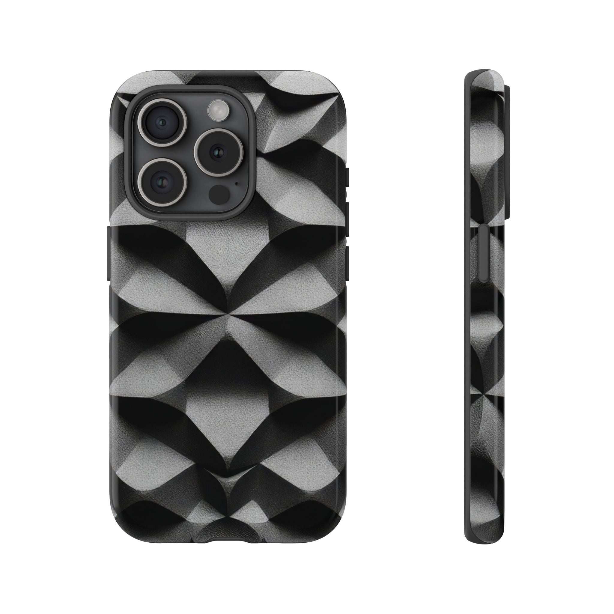 Tough phone case with black-and-gray geometric cube pattern, triple camera cutout and reinforced side