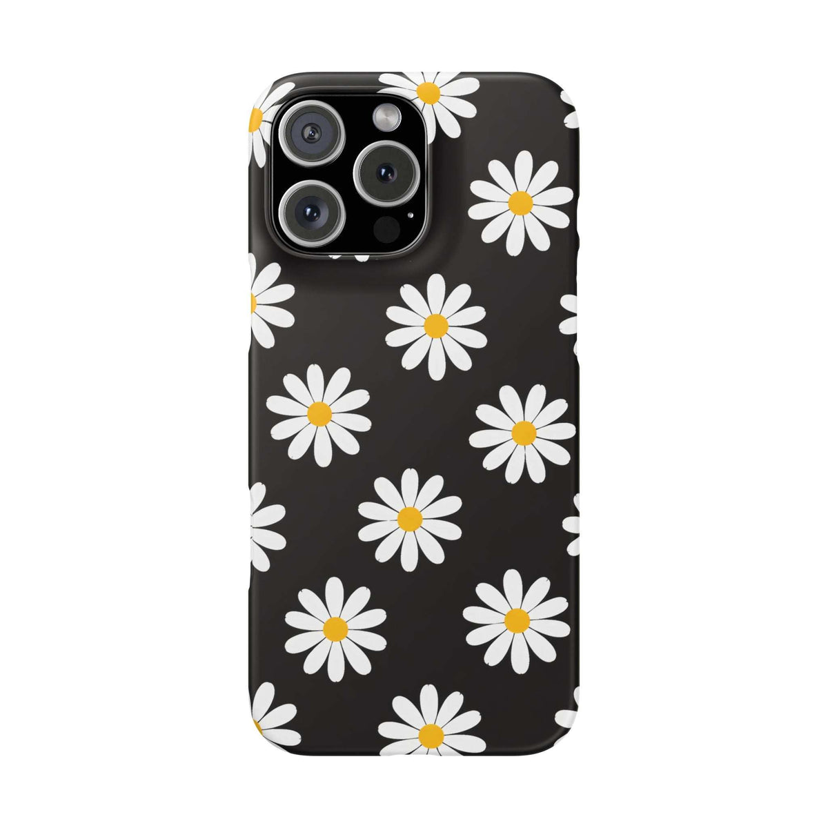 Daisy charm phone case in dark with white daisy pattern and yellow centers; camera cutouts