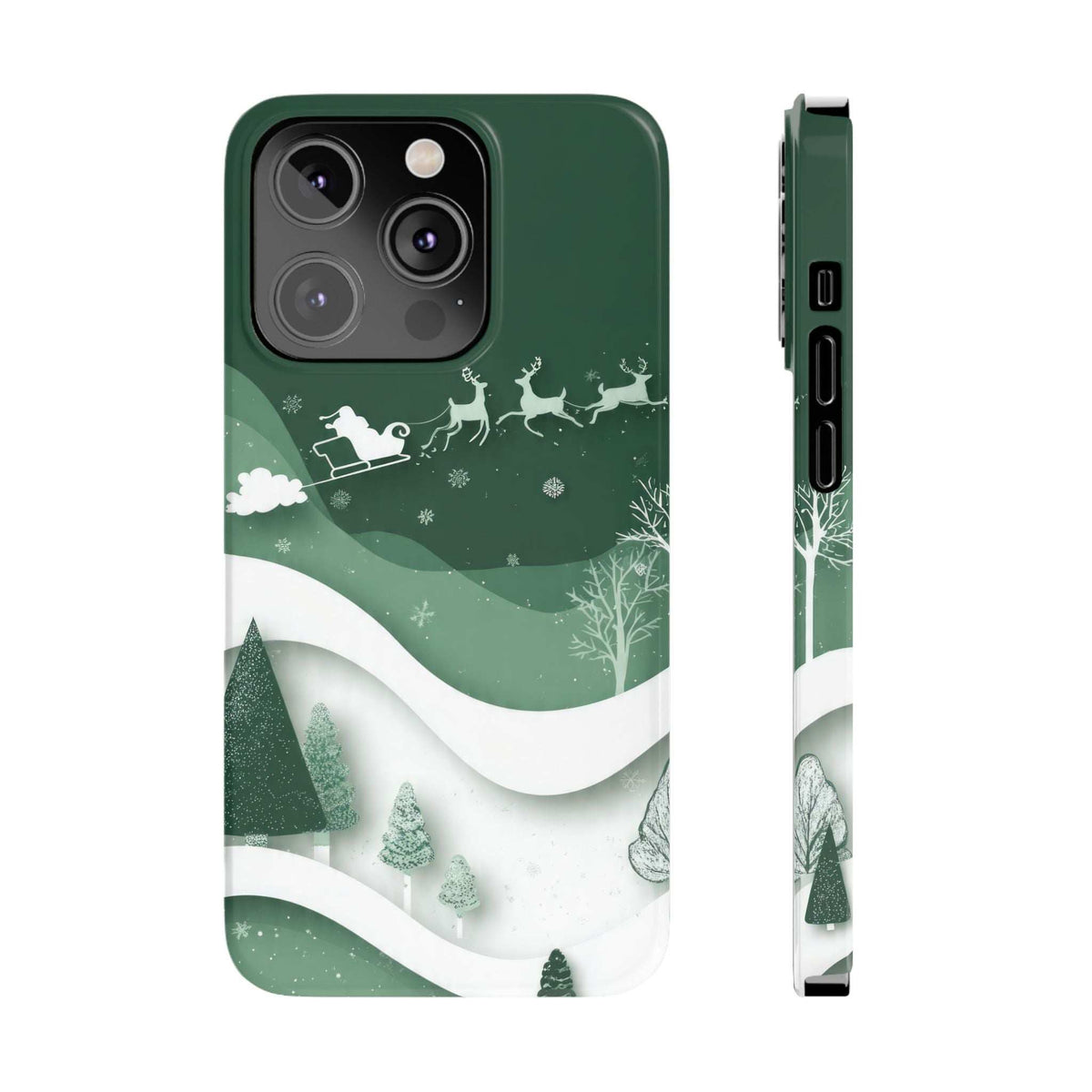 Green phone case with winter trees and sleigh-and-reindeer scene, front and side