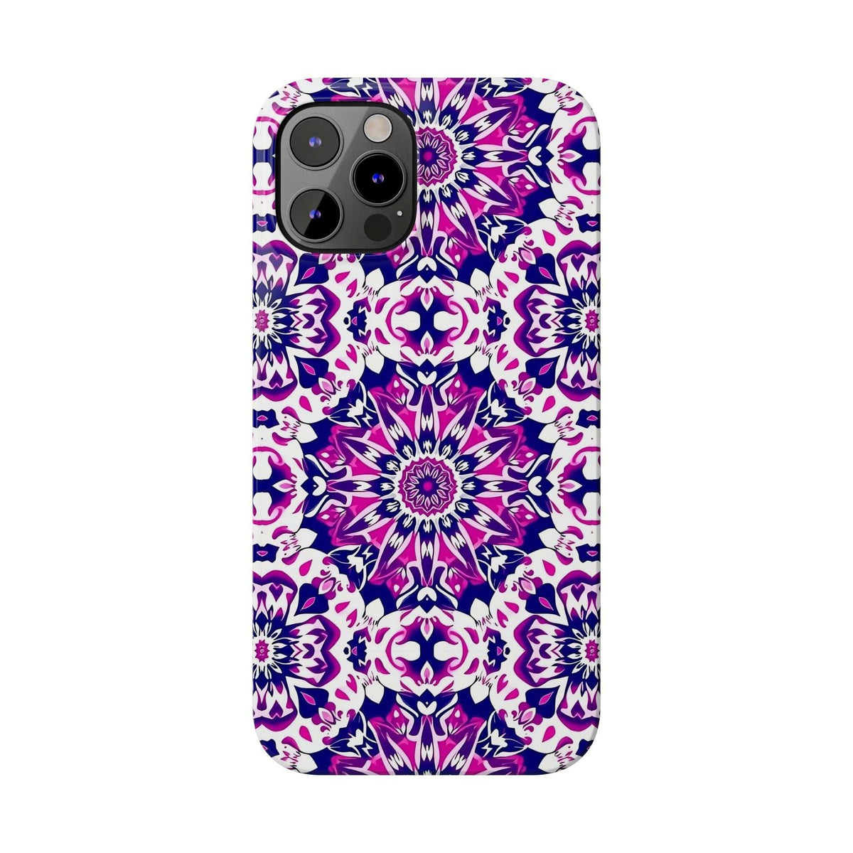 Phone case with bold purple, pink, and white floral mandala pattern; camera cutout window
