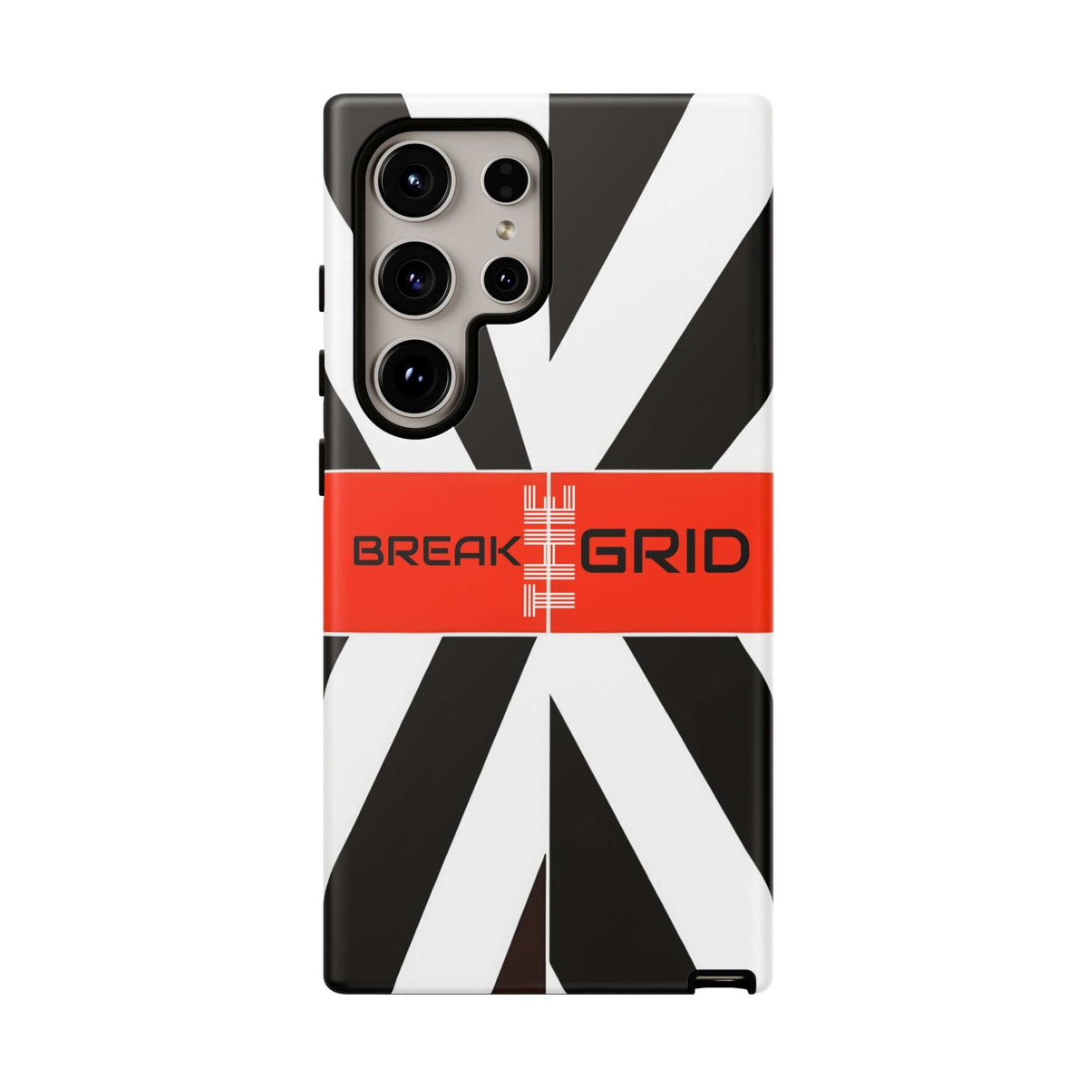 Phone case with black-and-white geometric design, orange BREAK GRID band, front camera openings