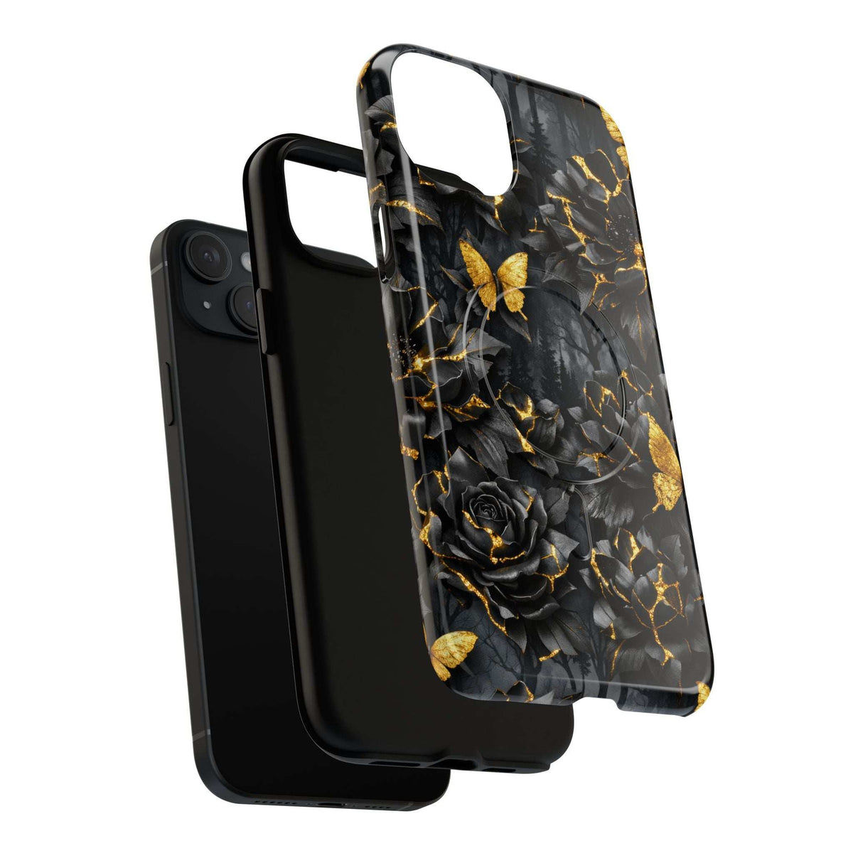Angled view of black phone case featuring gold rose, butterfly, and branch crackle pattern.