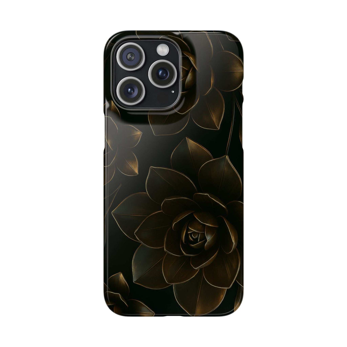 Black glossy phone case with gold rose and leaves; camera cutouts on top-left