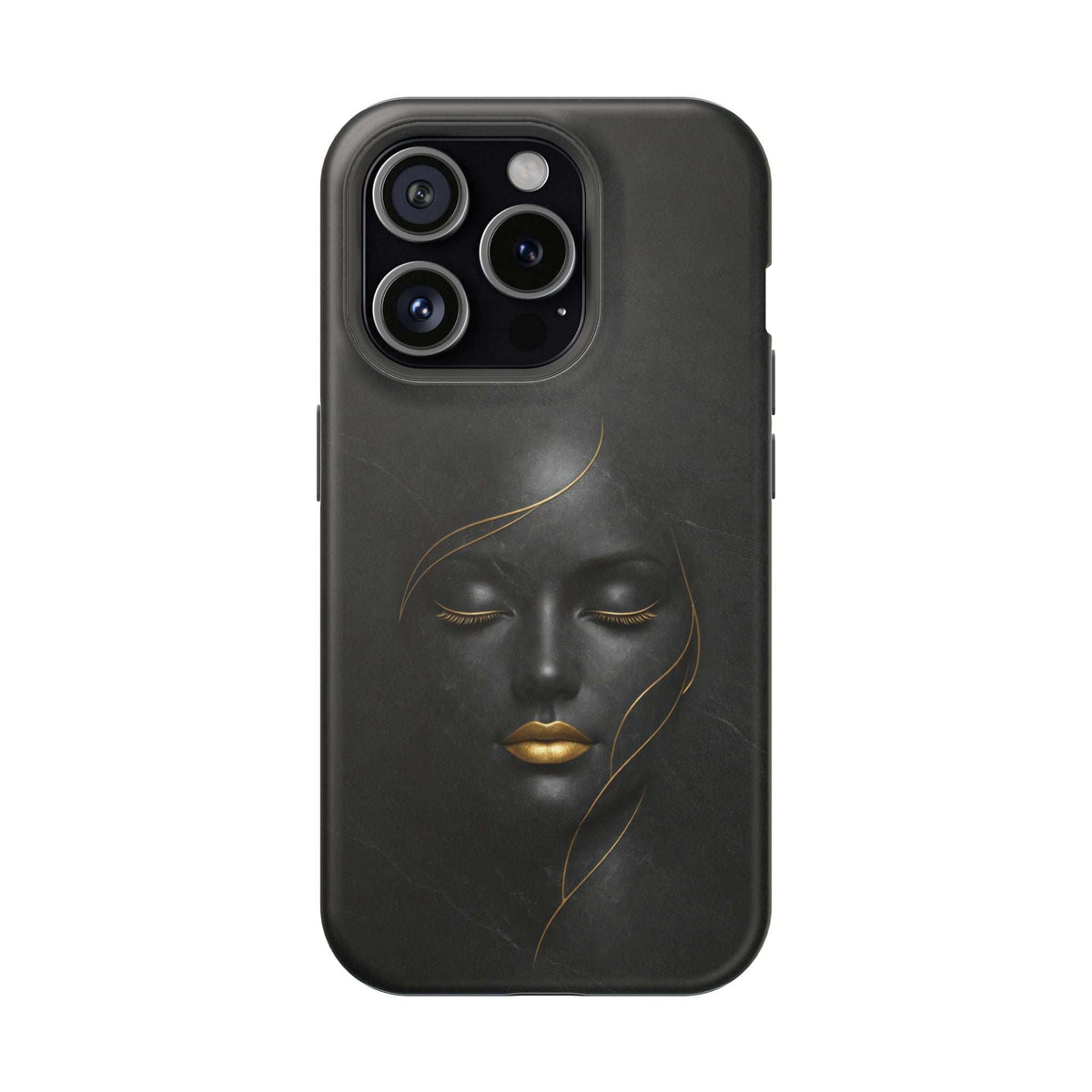 Black phone case with gold face illustration, raised edges around camera openings