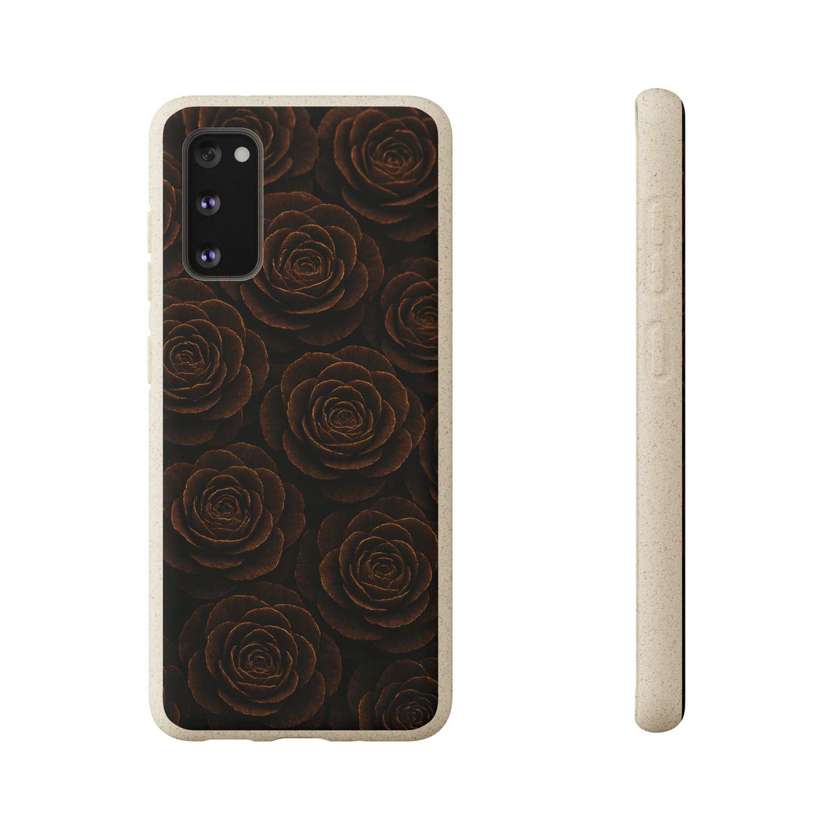 Wooden rose-pattern phone case, dark floral front with light wood-tone sides
