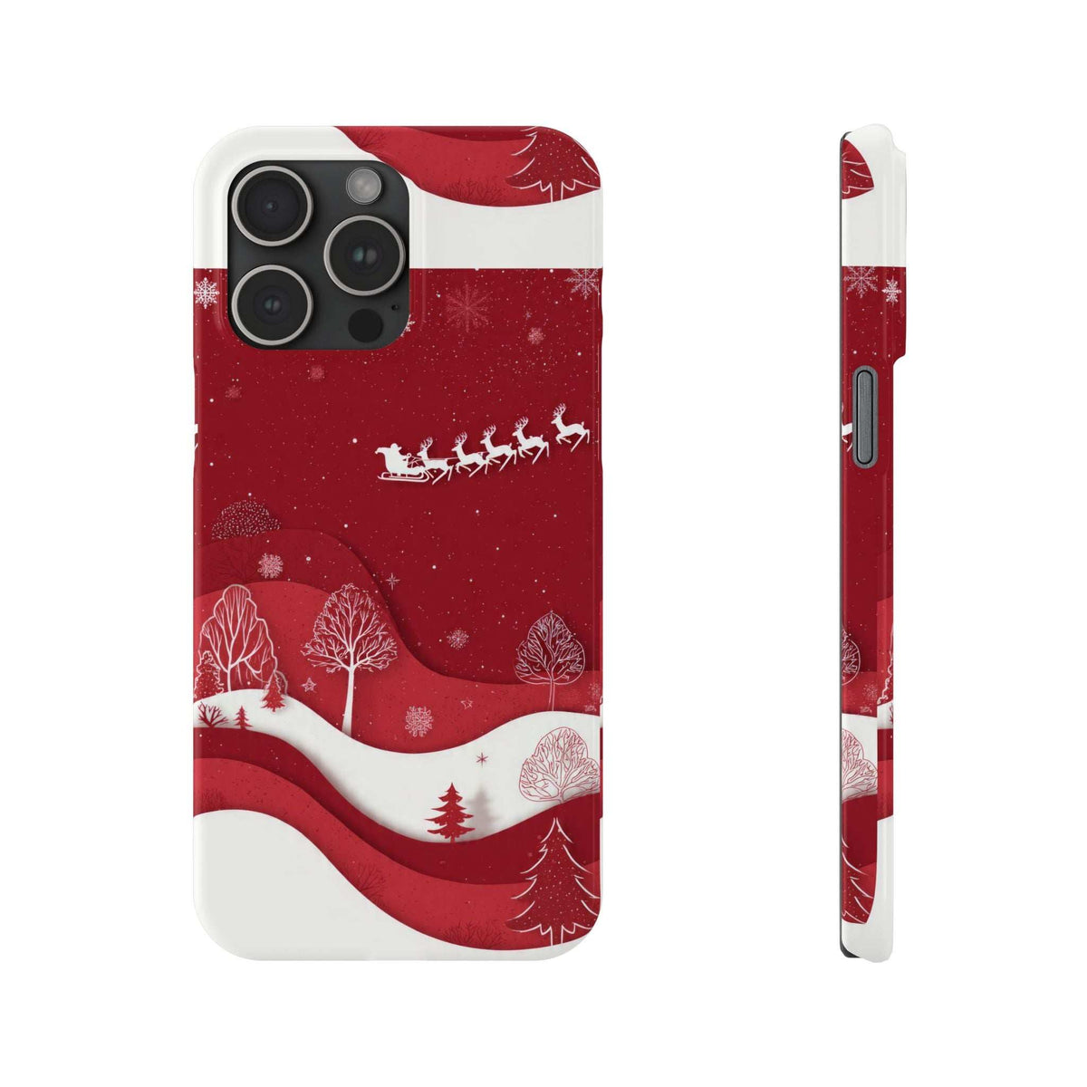 Red winter phone case with sleigh, trees, snowflake prints and white wave trim