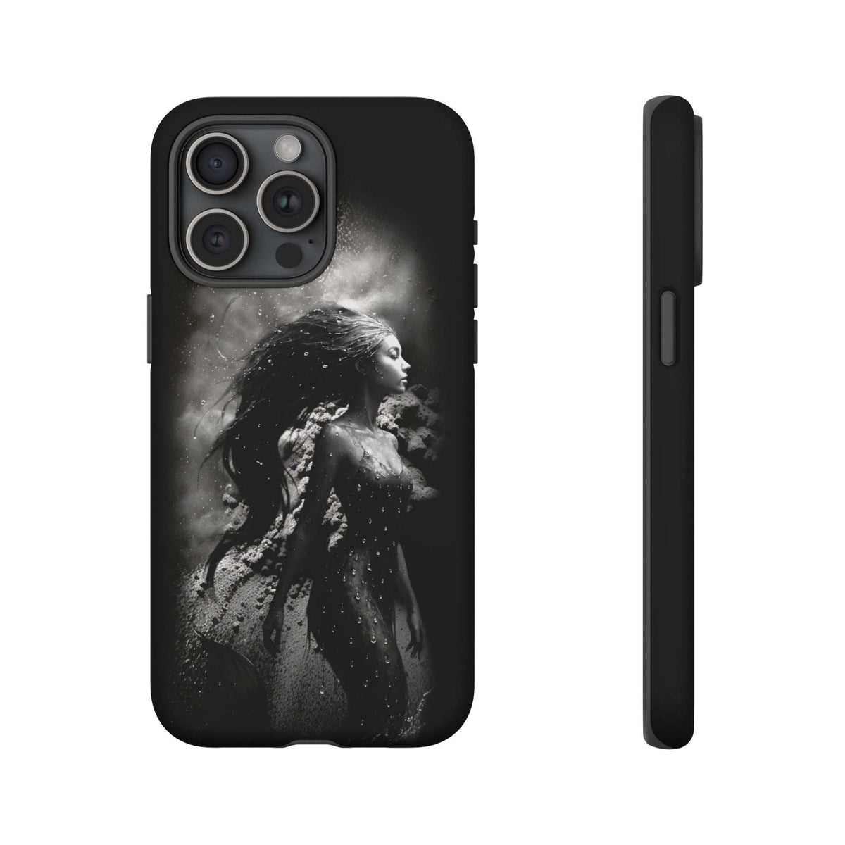 Monochrome mermaid phone case with black back and side button openings, front and side profile