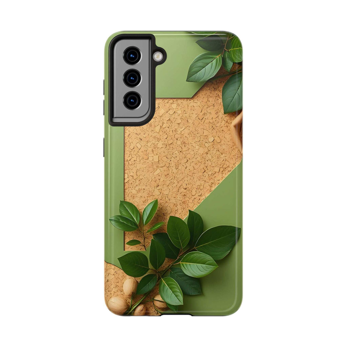 Olive green phone case with cork-look center and leaf print; raised camera module and buttons