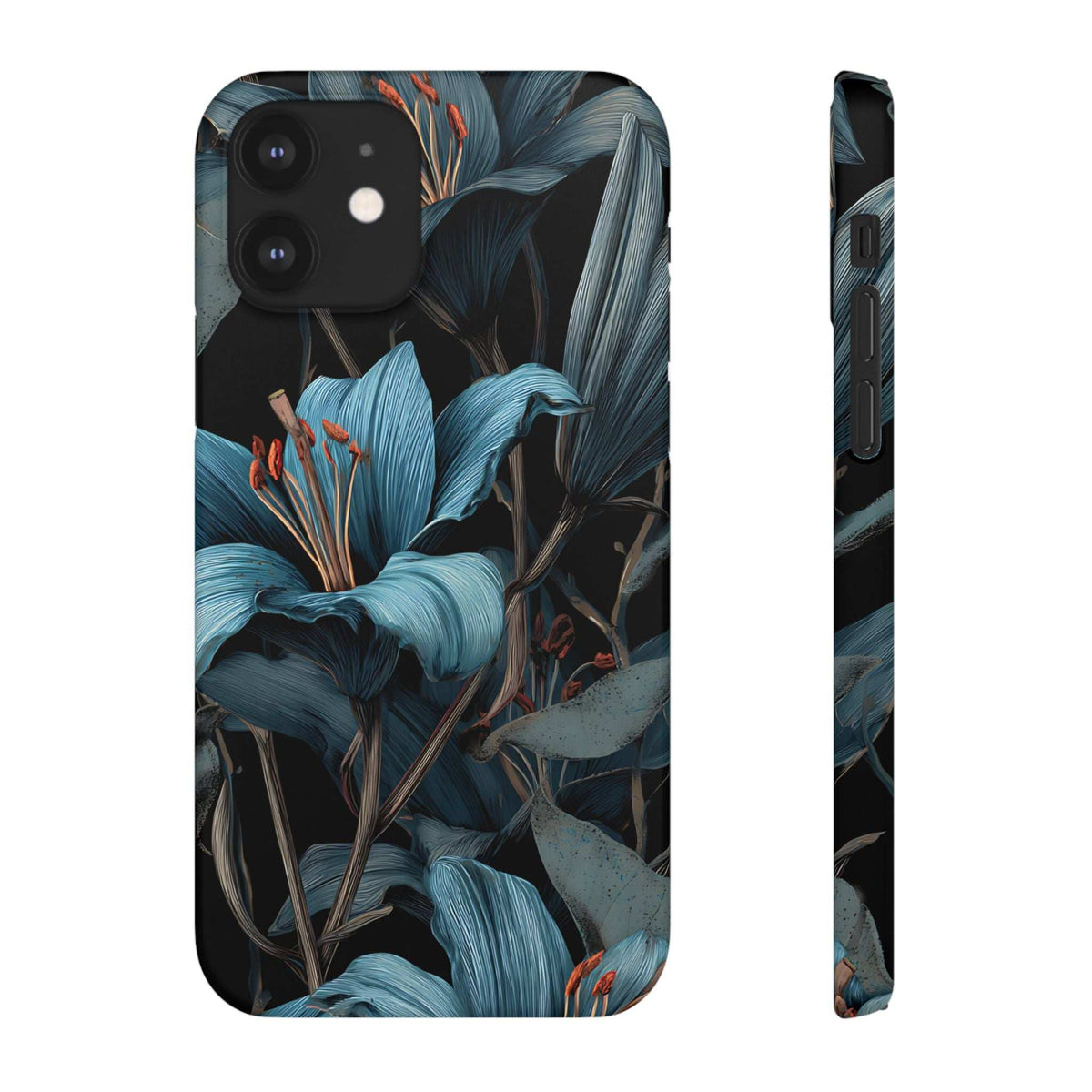 Blue botanical phone case with dual camera cutouts and side opening for buttons.