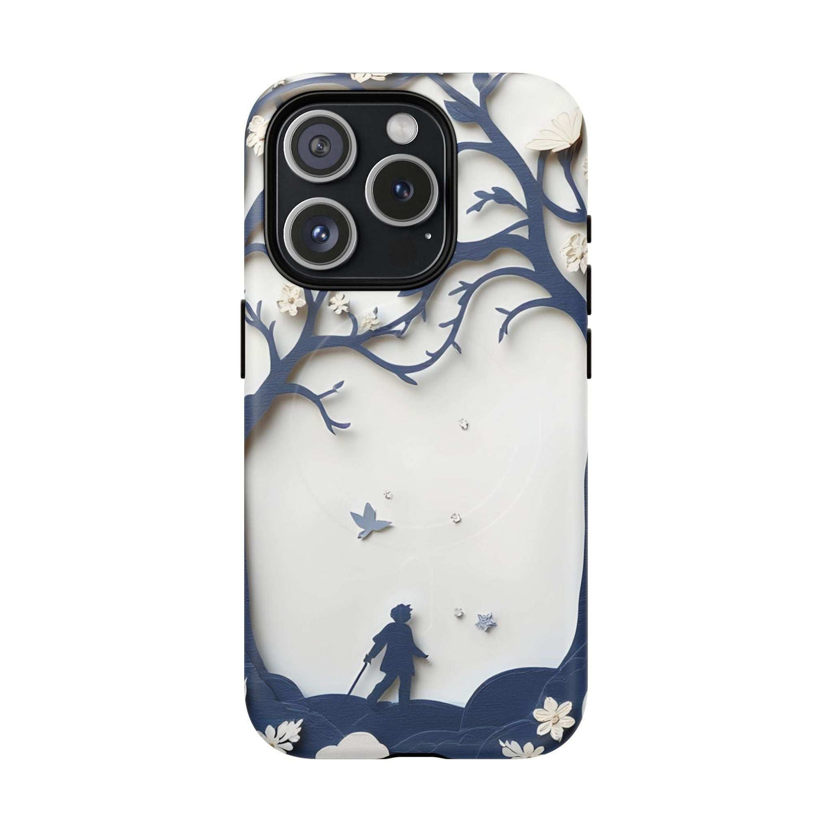 Phone case showing blue night scenery with birds and distant silhouettes, camera cutout included