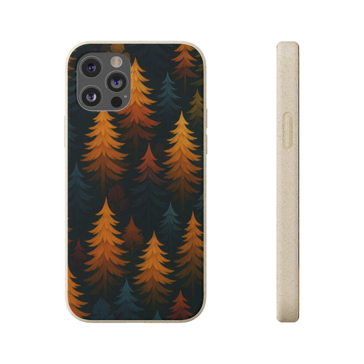 Biodegradable phone case with dark blue and orange forest tree pattern; camera cutouts