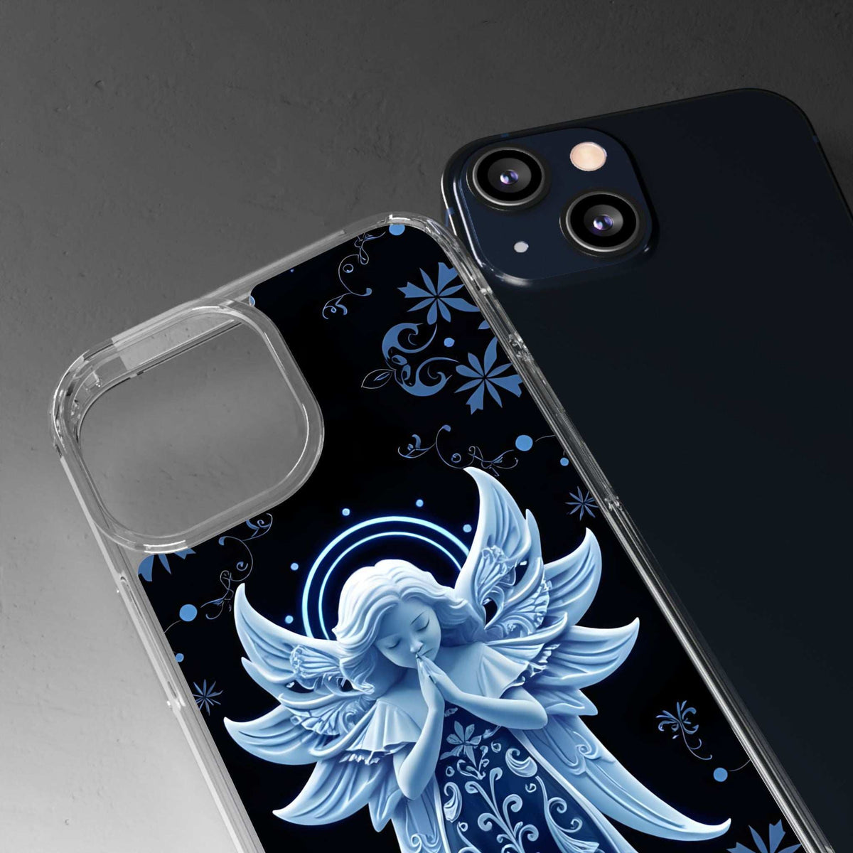 Clear phone case with blue angel prayer graphic and neon halo circle