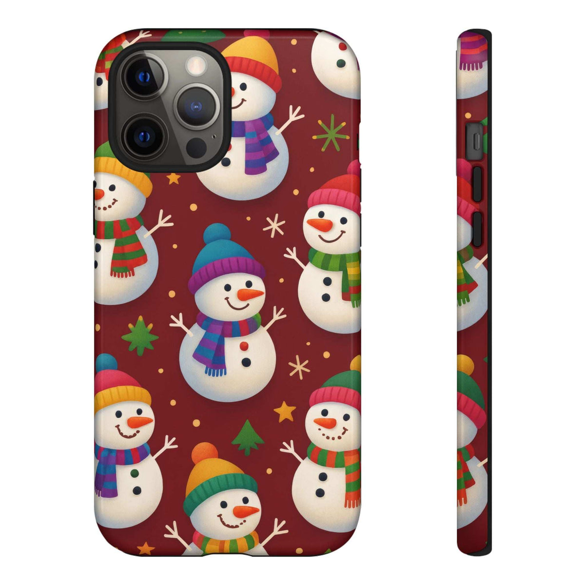 Glossy phone case back and slim side showing festive snowmen and striped scarf characters