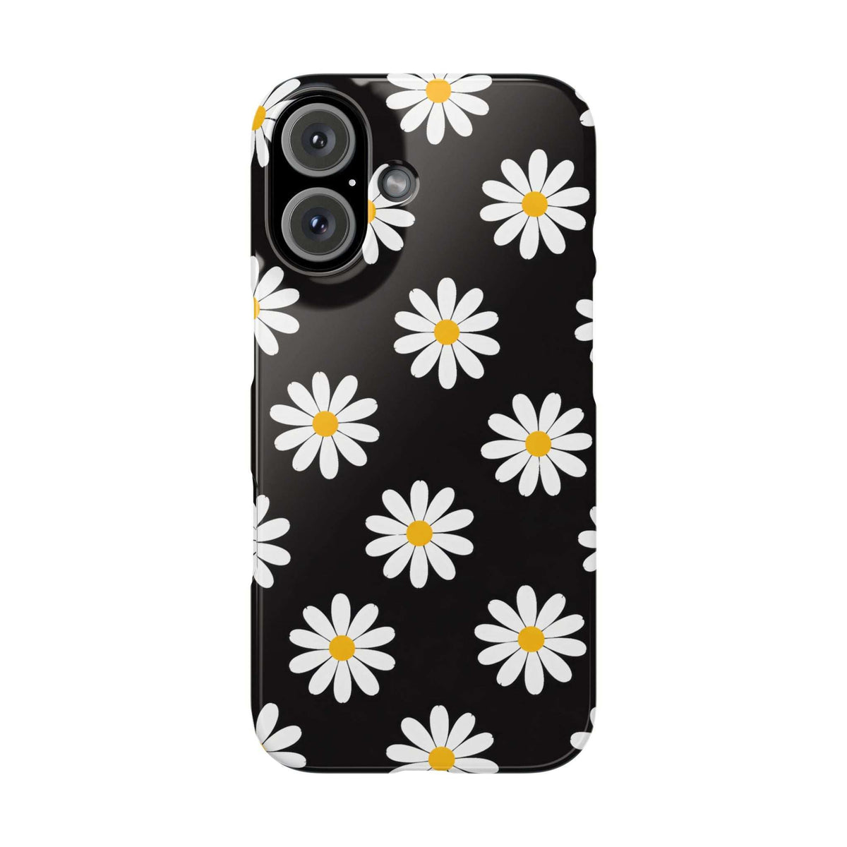 Black phone case with white daisy pattern and yellow centers, camera lenses shown